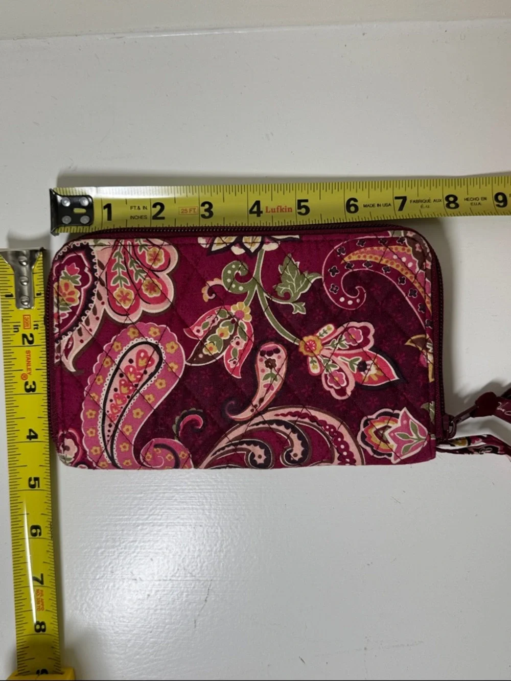 Vera Bradley burgundy and pink paisley fabric wallet with wrist strap. - Picture 1 of 8
